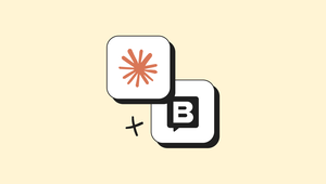 Two overlapping white square icons featuring an orange asterisk and a black speech bubble with the letter "B", separated by a plus sign on a beige background.