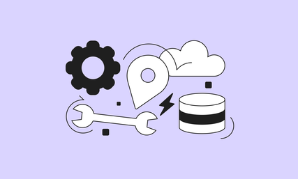 Illustration of a gear, cloud, wrench, database, and location pin symbolizing technology and cloud computing on a purple background.