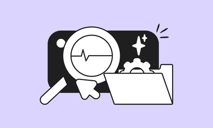 Illustration of a magnifying glass over a graph, a gear in a folder, and sparkles on a purple background, symbolizing data analysis and organization.