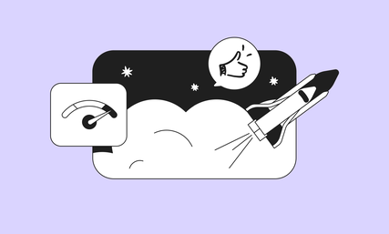 Illustration of a rocket launching above clouds with stars, a thumbs-up icon, and a speedometer symbolizing success and speed.