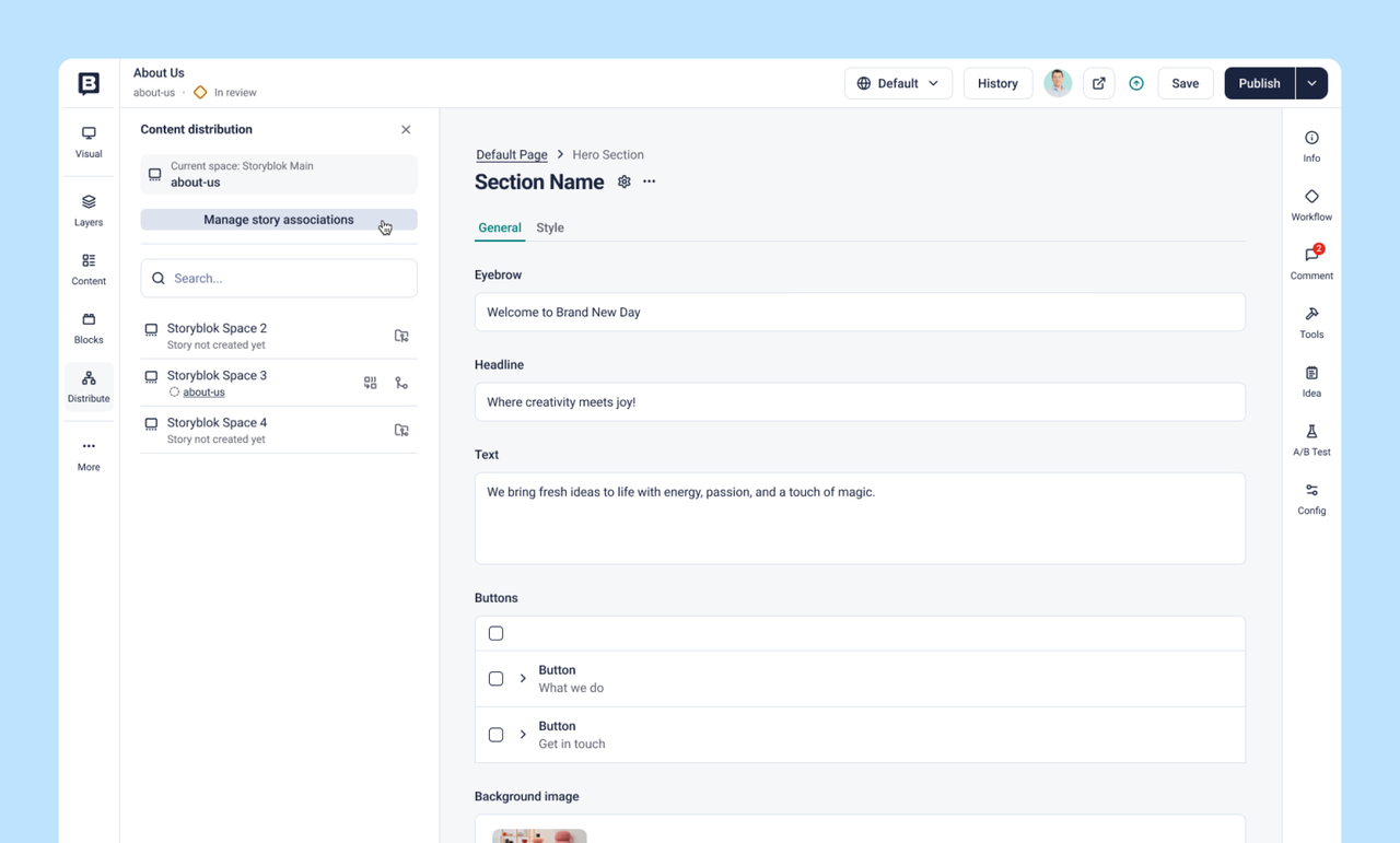 Website content management interface showing a section named "About Us" with editable text fields for Eyebrow, Headline, and Text.