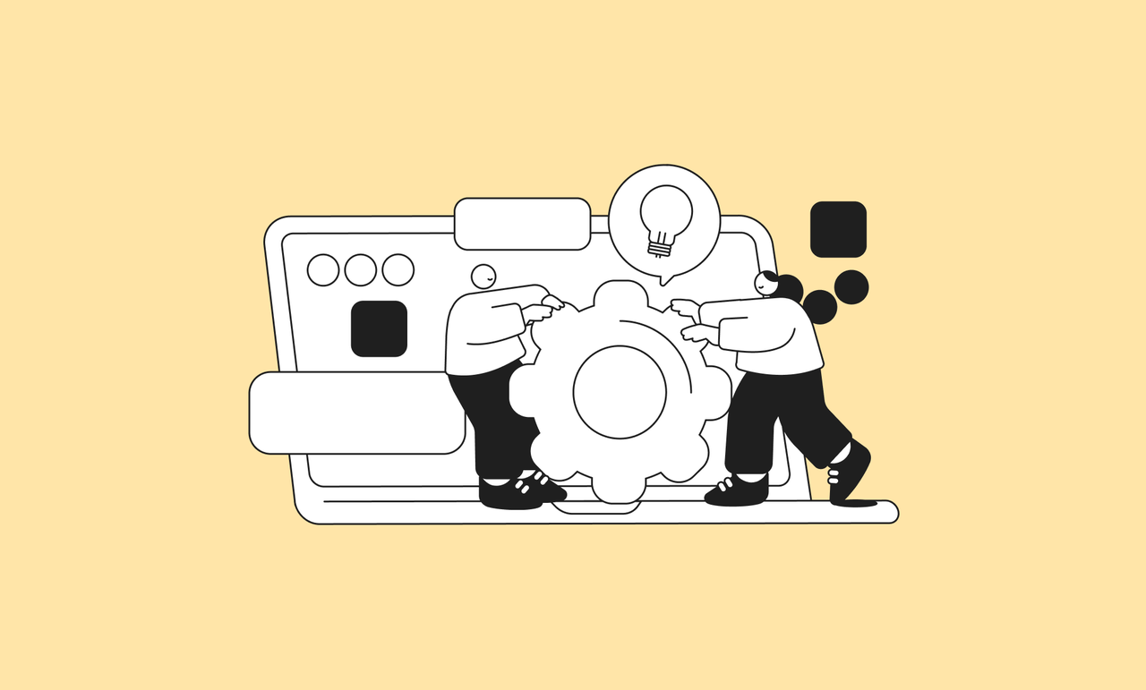 Illustration of two people assembling a large gear in front of a laptop, symbolizing teamwork and innovation.