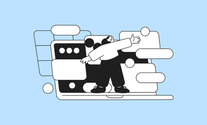 Illustration of a person interacting with abstract digital elements on a giant laptop screen, against a blue background.