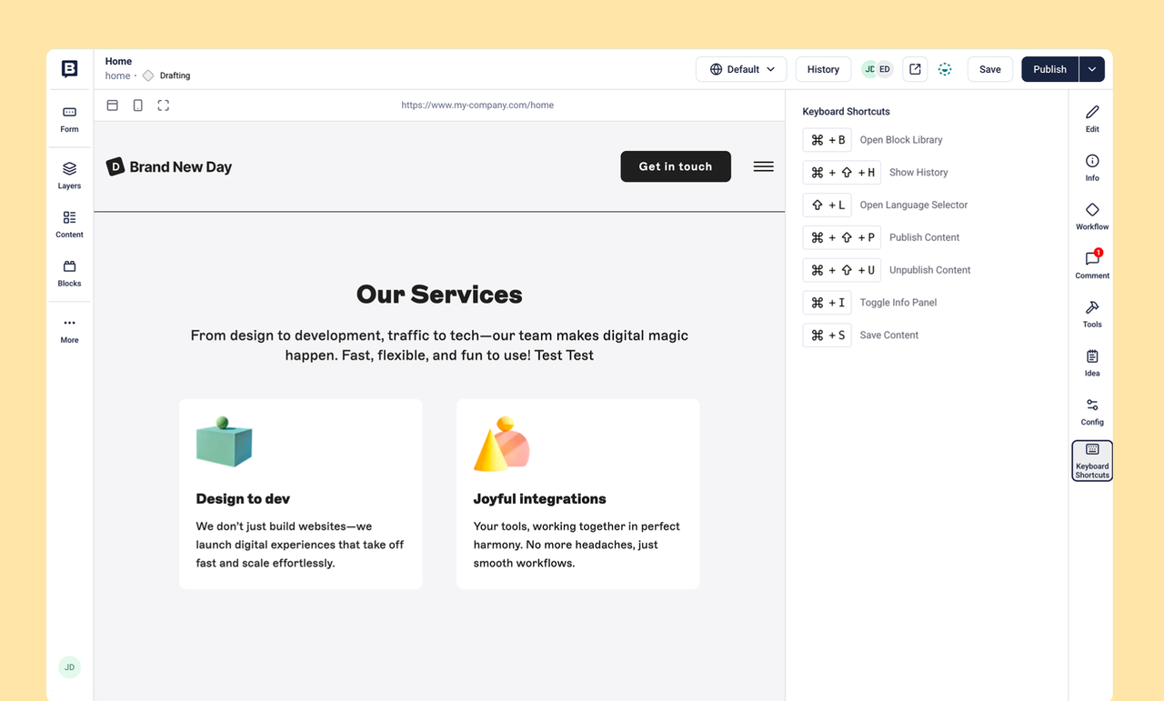Website editing interface with a menu and service descriptions for "Design to dev" and "Joyful integrations," featuring icons and text about their services.
