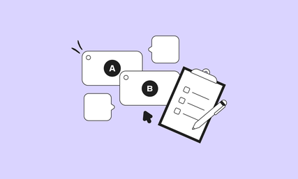 Illustration of a clipboard with a pen, tags labeled A and B, speech bubbles, and a cursor on a light purple background.