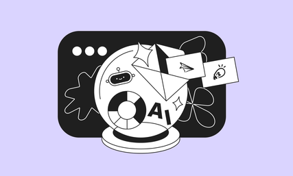Illustration of a crystal ball with an AI symbol, robot face, email, and light bulb, symbolizing technology and innovation on a purple background.