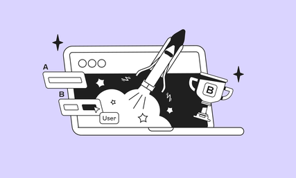 Illustration of a rocket launching from a laptop screen, with stars, a trophy labeled "B," and user interface elements labeled A and B.