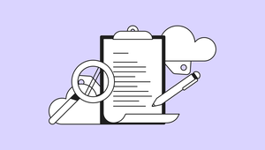 Black and white drawing of a clipboard, pen, looking glass, and two clouds.
