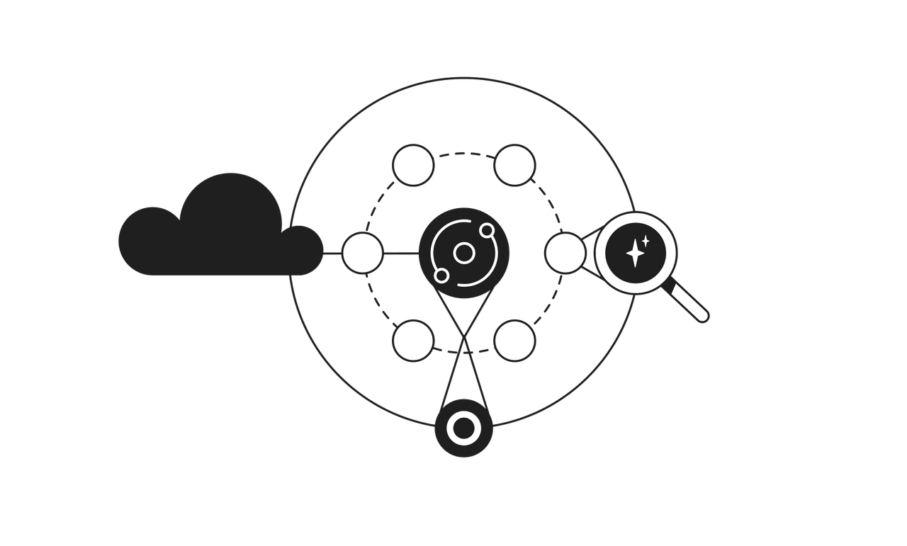 Abstract design with circles, lines, a magnifying glass, and a cloud on a black background, suggesting data visualization.
