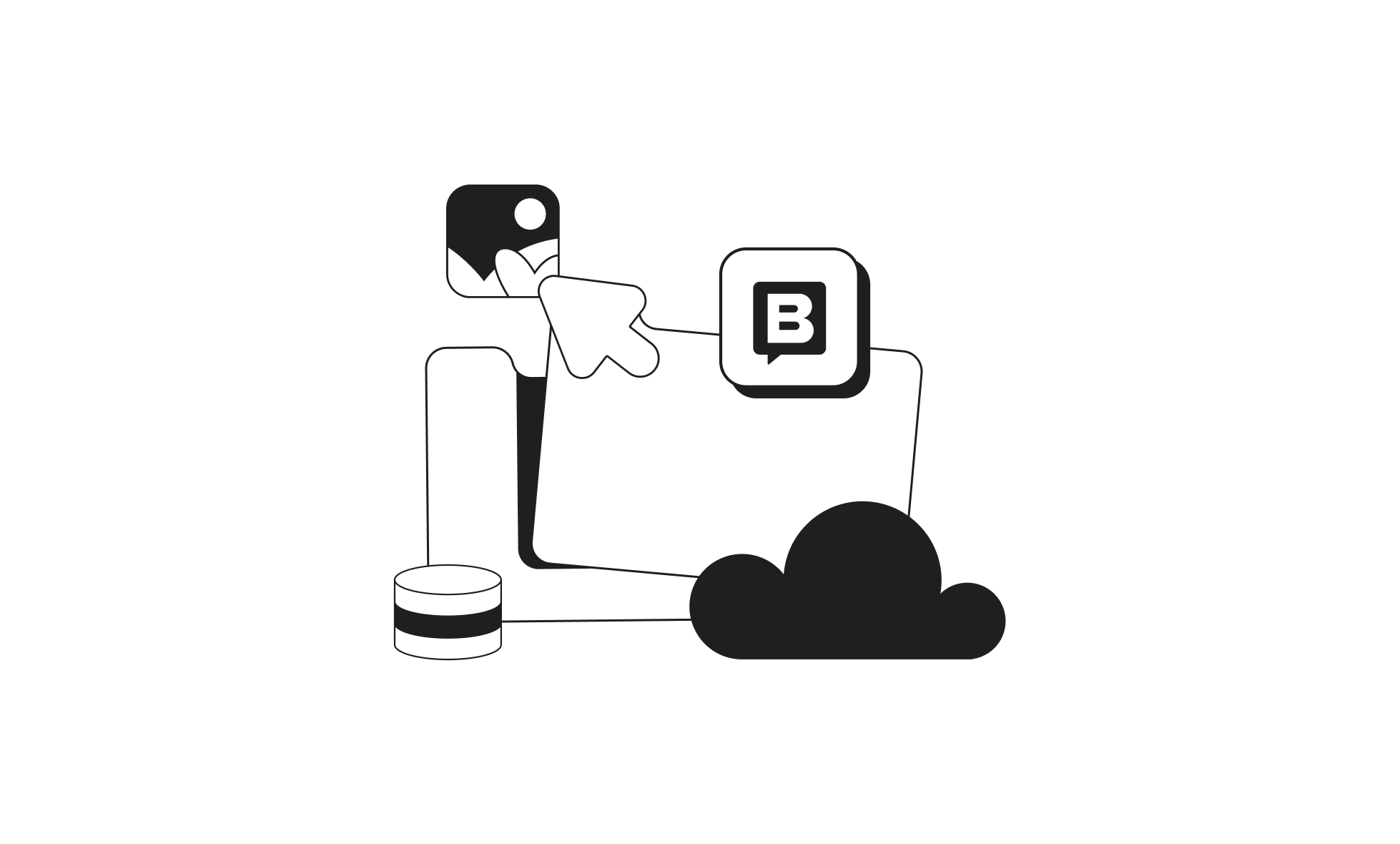 Abstract icons: file folder, image, cursor, chat bubble with "B", database, cloud on black background.
