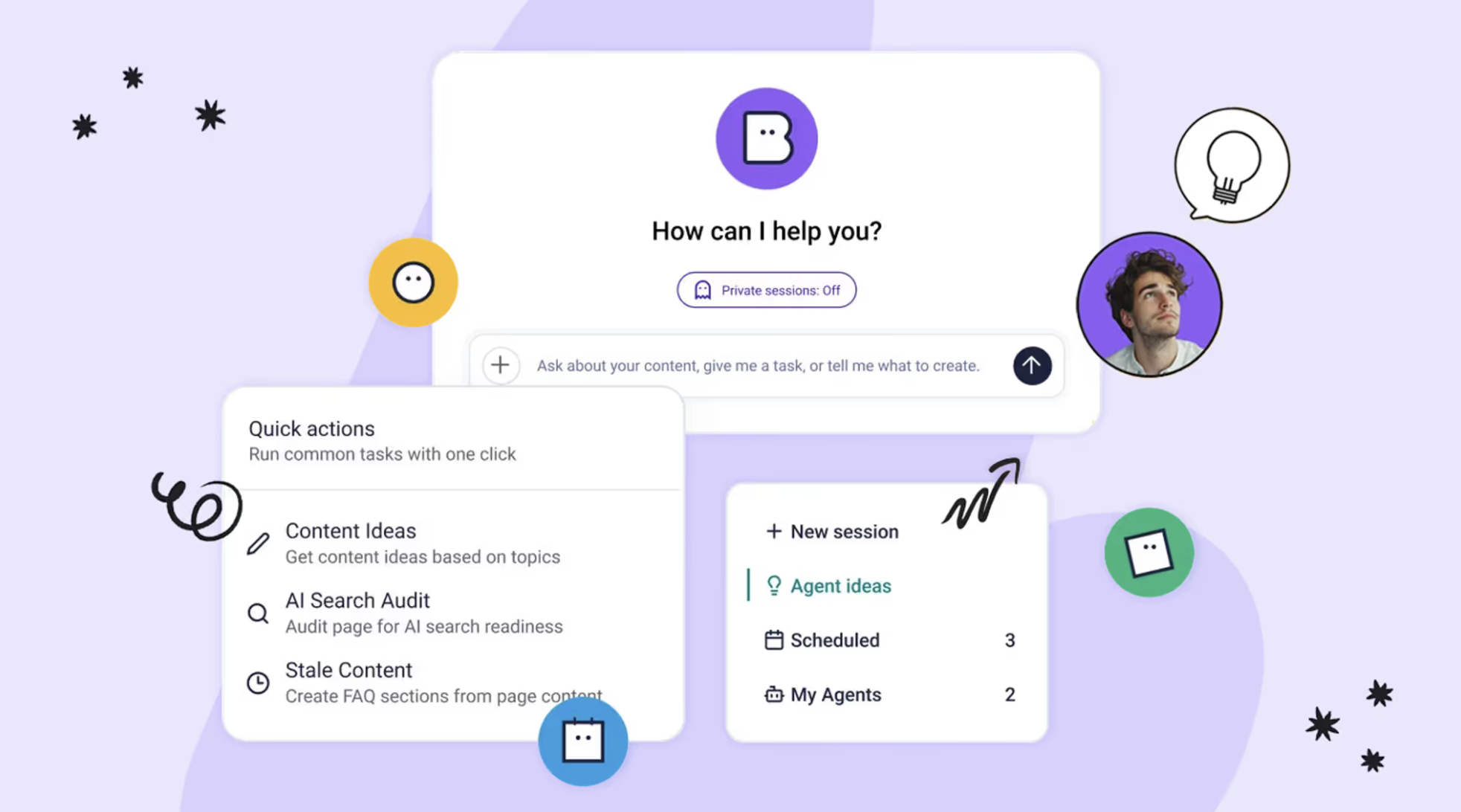 Digital interface with options for quick actions, content ideas, and AI search audits. Includes icons and user avatar on a light purple background.