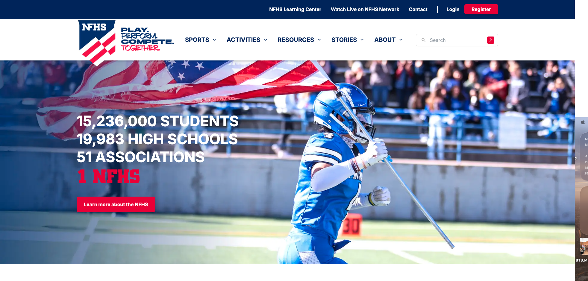 Football player in blue runs with the American flag. Text highlights NFHS with student and school statistics.