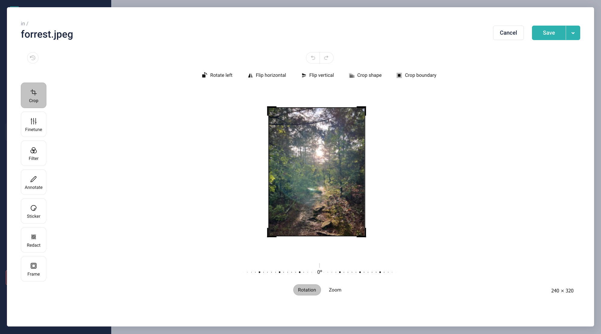 Storyblok's image editor, showing an image of a forest in the center with editing tools and options to change it on the top and left of the interface.