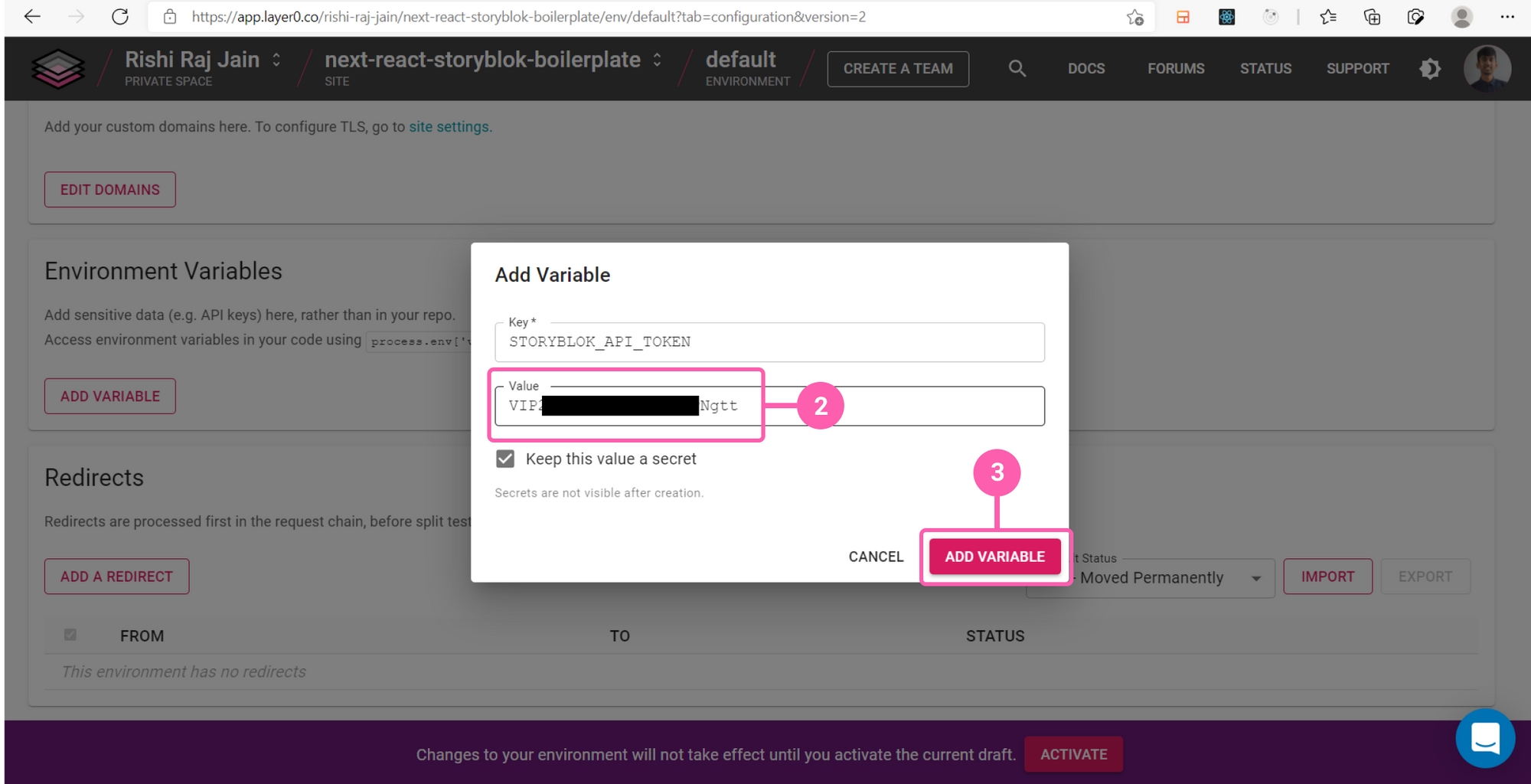 (Step 2: Set name to 'STORYBLOK_API_TOKEN', paste the token and click on Add Variable)