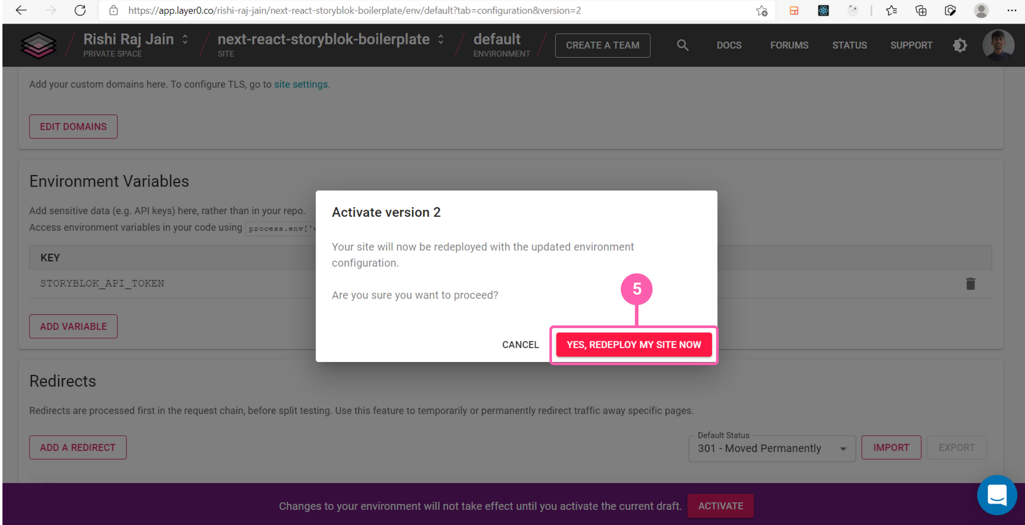 (Step 4: Confirm Redeployment by clicking on 'YES, REDEPLOY MY SITE NOW')