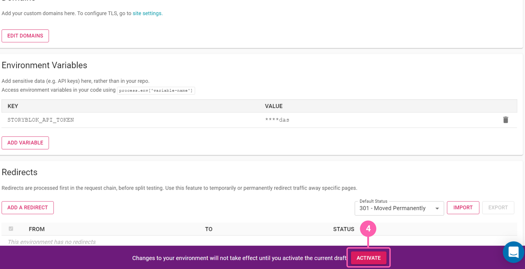 (Step 3: Click on activate to start deploying the changes to environment variables)
