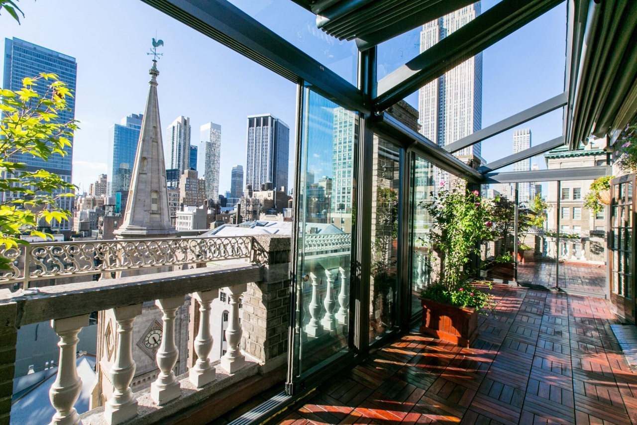 Sunny terrace view of the New York skyline