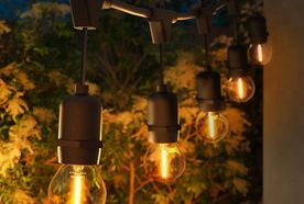 String lights with glowing bulbs hang in a garden, illuminating plants and creating a warm, inviting atmosphere at dusk.