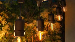 String lights with glowing bulbs hang in a garden, illuminating plants and creating a warm, inviting atmosphere at dusk.