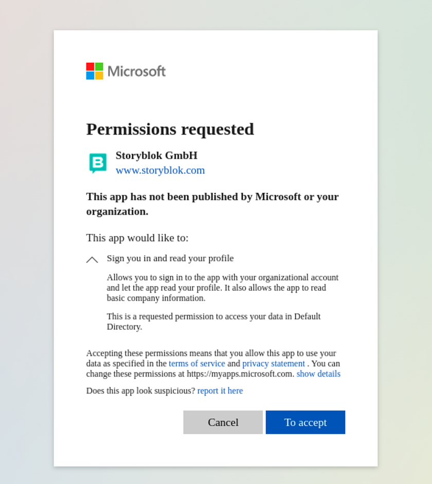 Microsoft permissions to be accepted