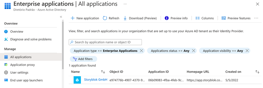 Microsoft Azure: view all applications
