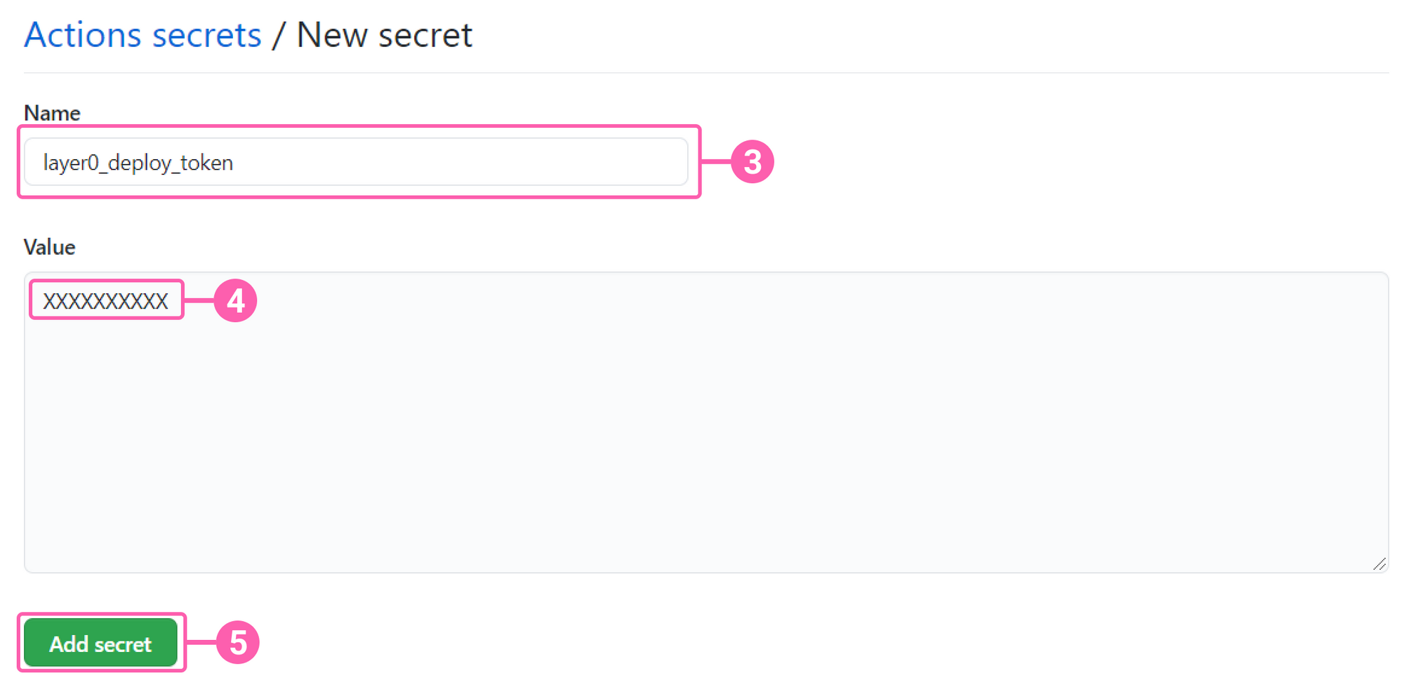 (Step 3: Set name to 'layer0_deploy_token', paste the token value as obtained earlier and click on Add Secret)