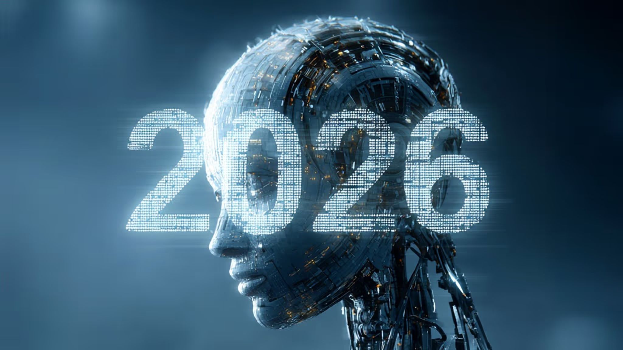 Futuristic robotic head with digital circuitry, overlaid with glowing "2026" text, symbolizing advanced technology and the future.