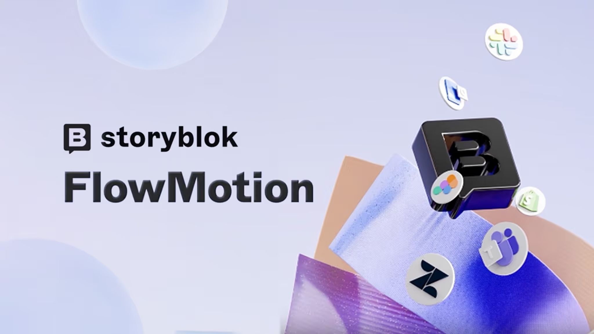 Storyblok FlowMotion graphic with a "B" logo and app icons on abstract shapes, set against a light blue background.