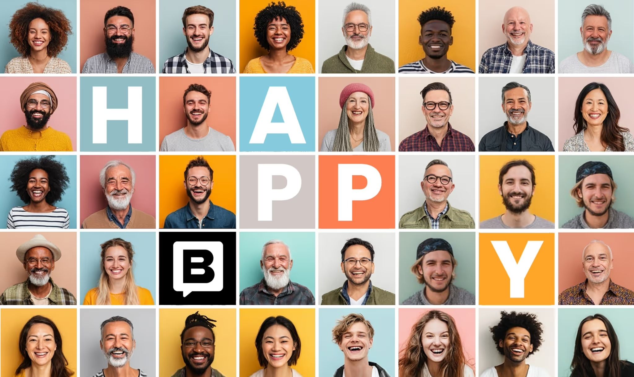 A collage of diverse, smiling people in colorful squares, with the letters "HAPPY" and a speech bubble with a "B" in the center.