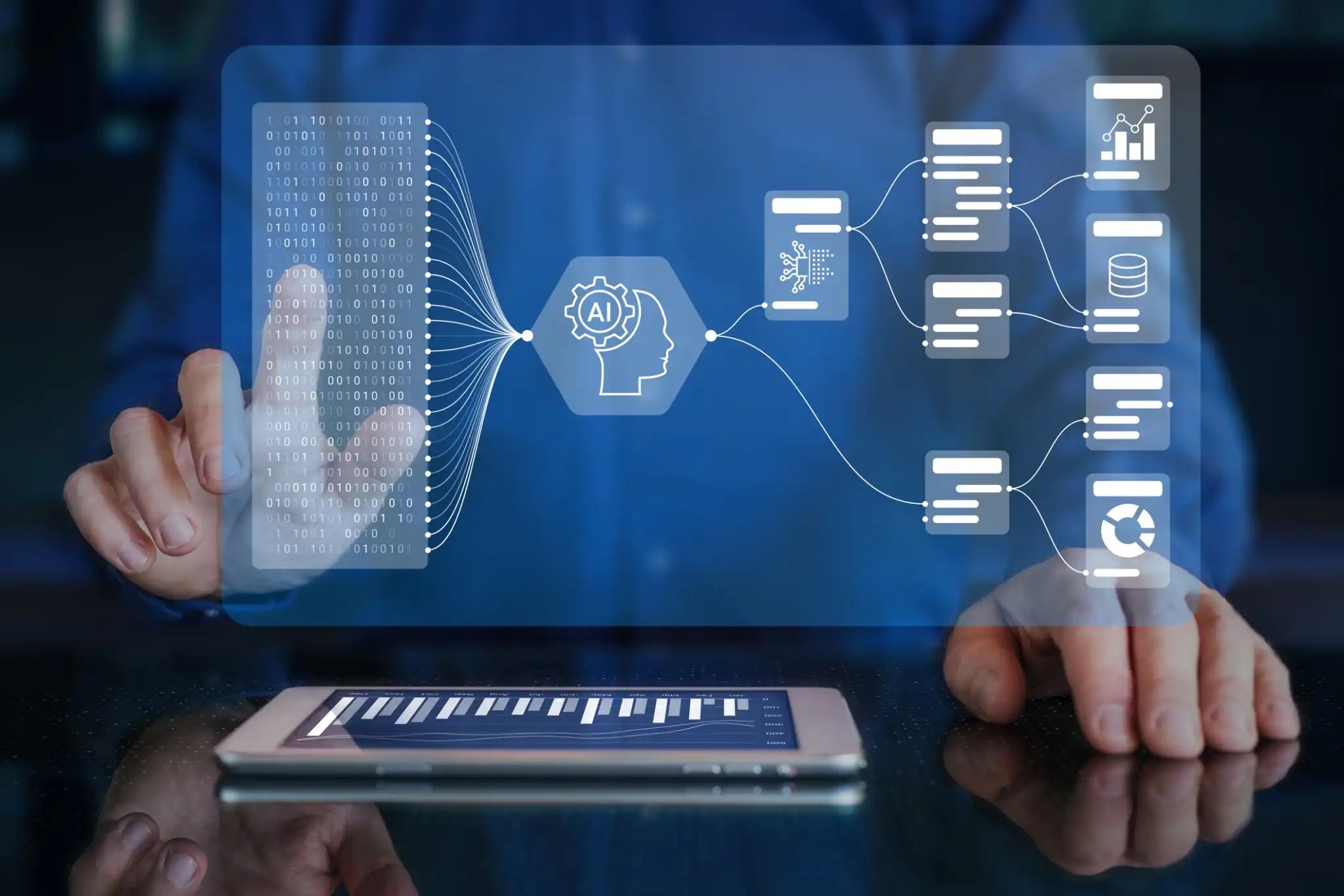 Person interacts with a digital interface displaying AI data flow and analytics icons, above a tablet on a reflective surface.