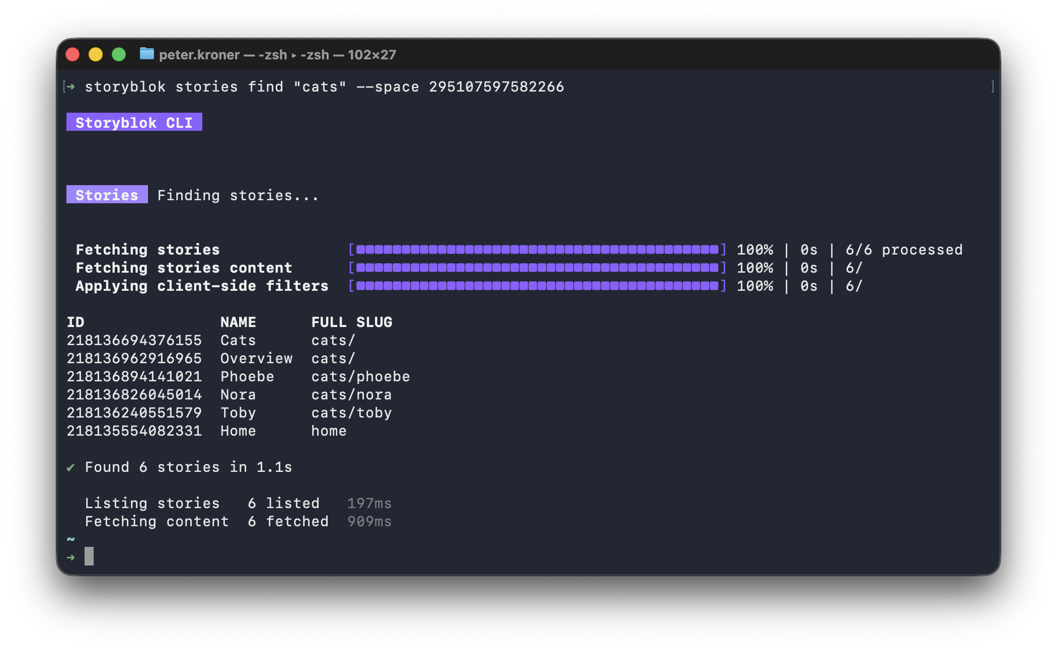 Terminal running the find command searching for cats. The results is a table, showing IDs, names and slugs of pages related to cats.