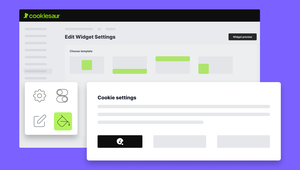 User interface of a software named Cookiesaur, showing widget and cookie settings on a purple background.