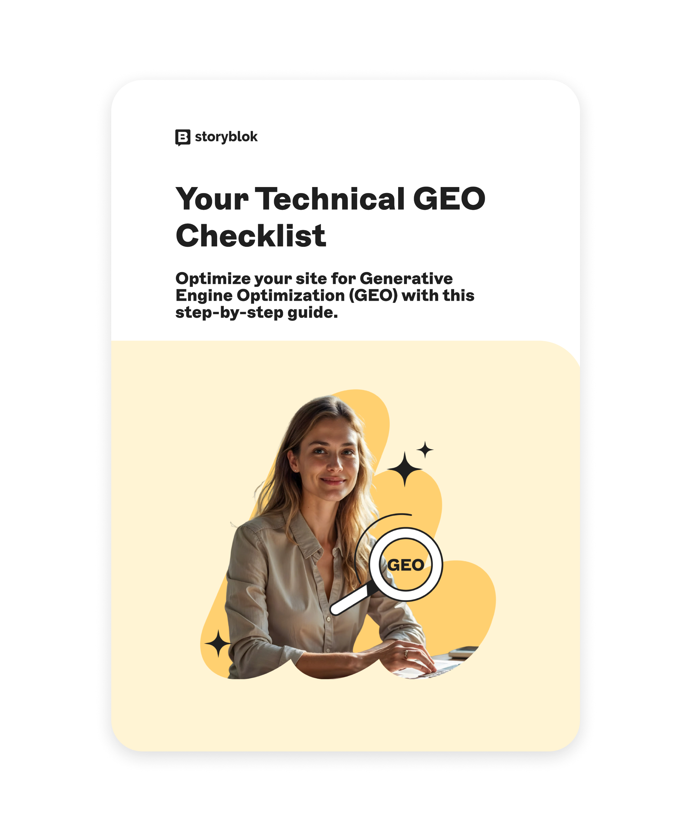 A woman smiling, sitting at a desk, with the text "Your Technical GEO Checklist" and "Optimize your site for GEO" on a digital document.