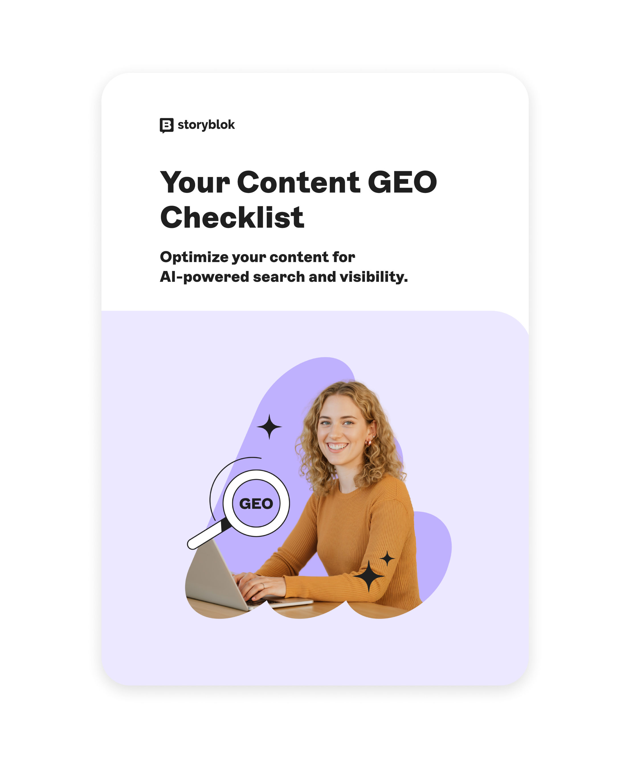 A woman smiling at a laptop, with a magnifying glass icon labeled "GEO." Text: "Your Content GEO Checklist" for AI-powered search optimization.