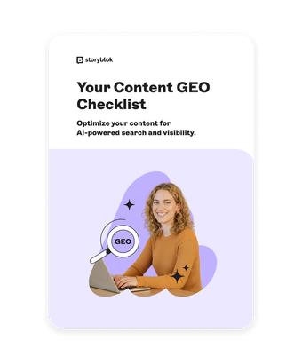 A woman smiling at a laptop, with a magnifying glass icon labeled "GEO." Text: "Your Content GEO Checklist" for AI-powered search optimization.