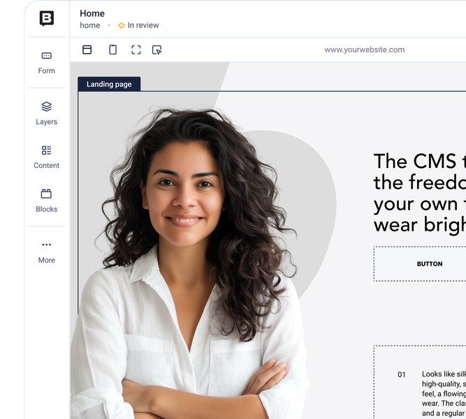 Smiling person in a white shirt, seen in a CMS interface, with navigation menus visible on the left and text on the right.