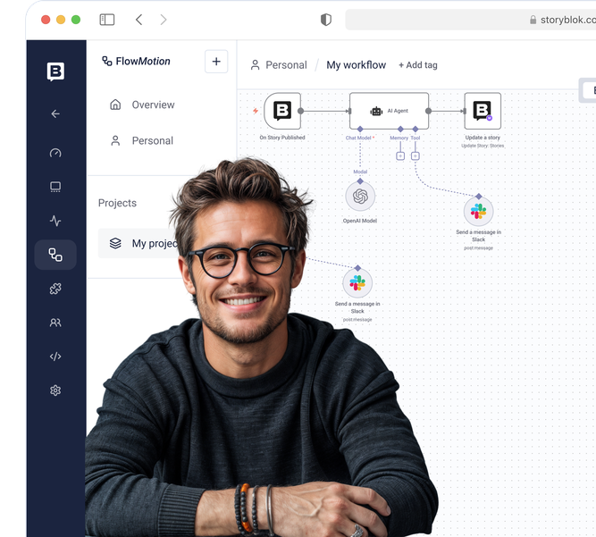 Smiling man in glasses overlayed on a digital workspace interface with flowchart elements and Slack integration.