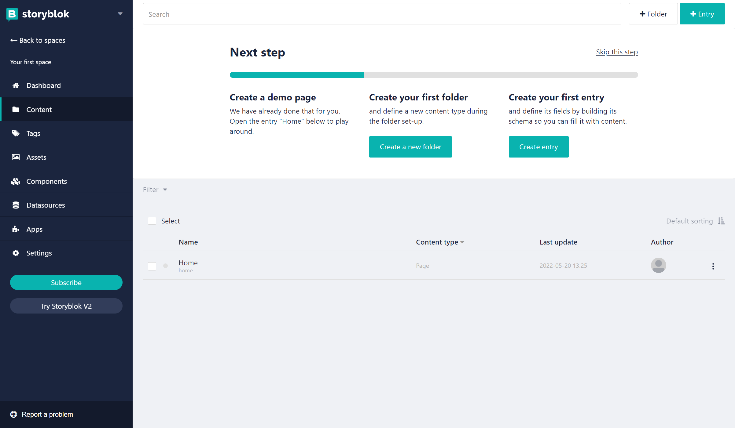Storyblok user dashboard