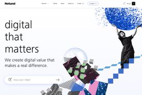 Collage with geometric shapes and a woman holding a large blue sphere, alongside the text "digital that matters" and a "How can I help?" search bar.
