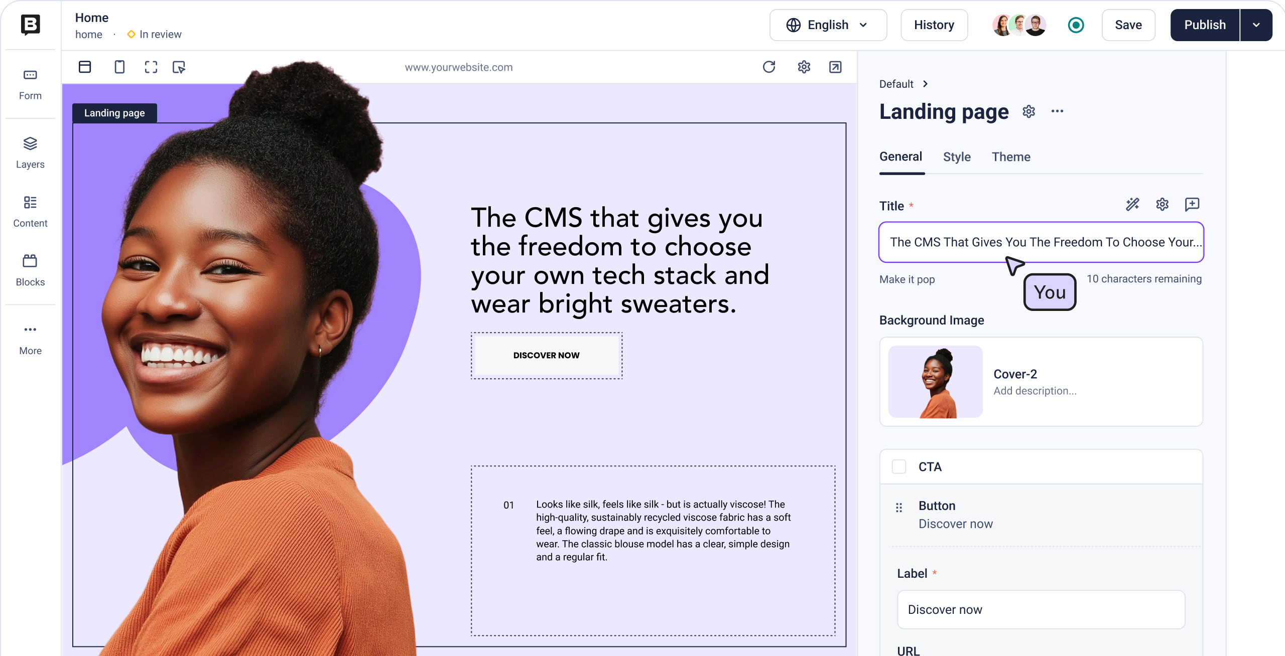 Screenshot showing cursor of a person making changes in Storyblok's visual editor
