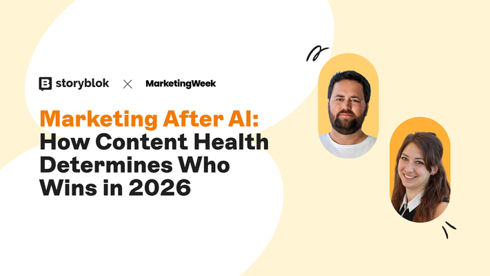 Event poster titled "Marketing After AI: How Content Health Determines Who Wins in 2026," featuring two speakers' photos. Hosted by Storyblok and Marketing Week.