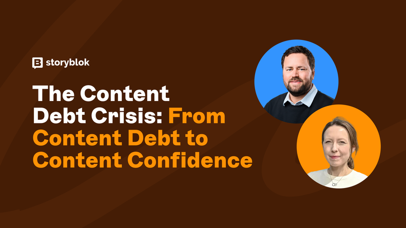 Title: "The Content Debt Crisis: From Content Debt to Content Confidence." Features two people in circular frames.