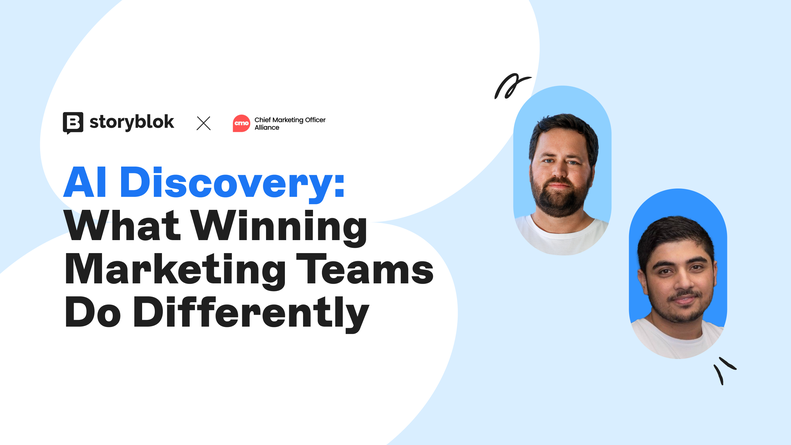 Storyblok and CMO Alliance event on AI Discovery: "What Winning Marketing Teams Do Differently" with two speaker portraits.