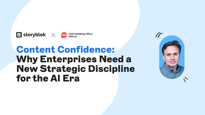 Promotional graphic for a Storyblok event on AI-era content strategy, featuring a speaker's portrait and logos of Storyblok and CMO Alliance.