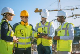 Four construction workers in safety gear discuss plans on a tablet at a building site with cranes in the background.