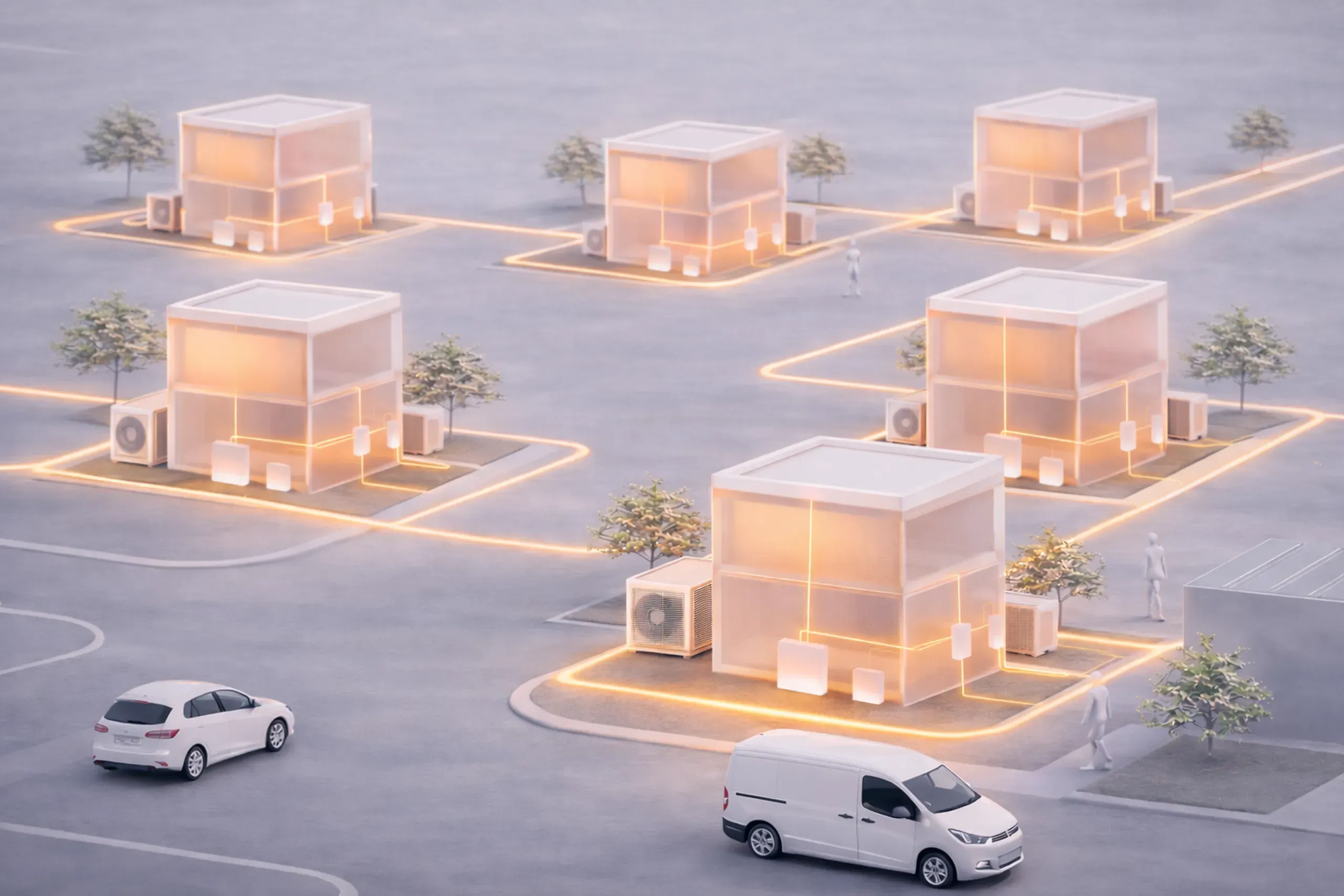 Futuristic parking lot with glowing pathways connecting cube-shaped stations, surrounded by cars and small trees.