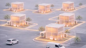 Futuristic parking lot with glowing pathways connecting cube-shaped stations, surrounded by cars and small trees.