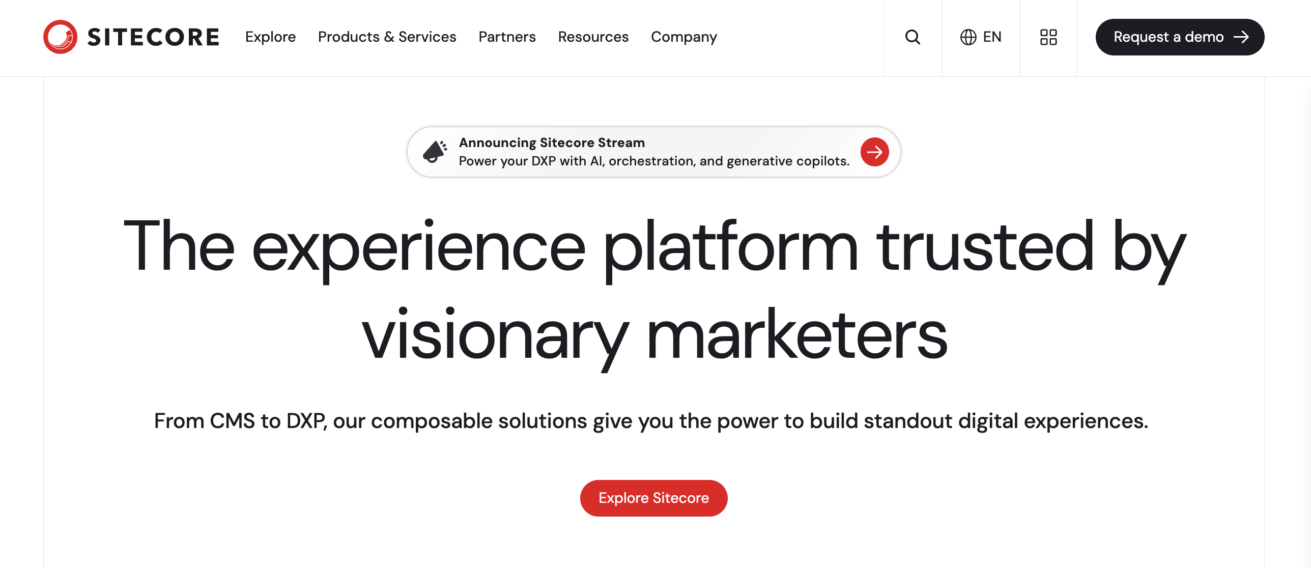 The homepage for Sitecore, a highly customizable Strapi alternative.