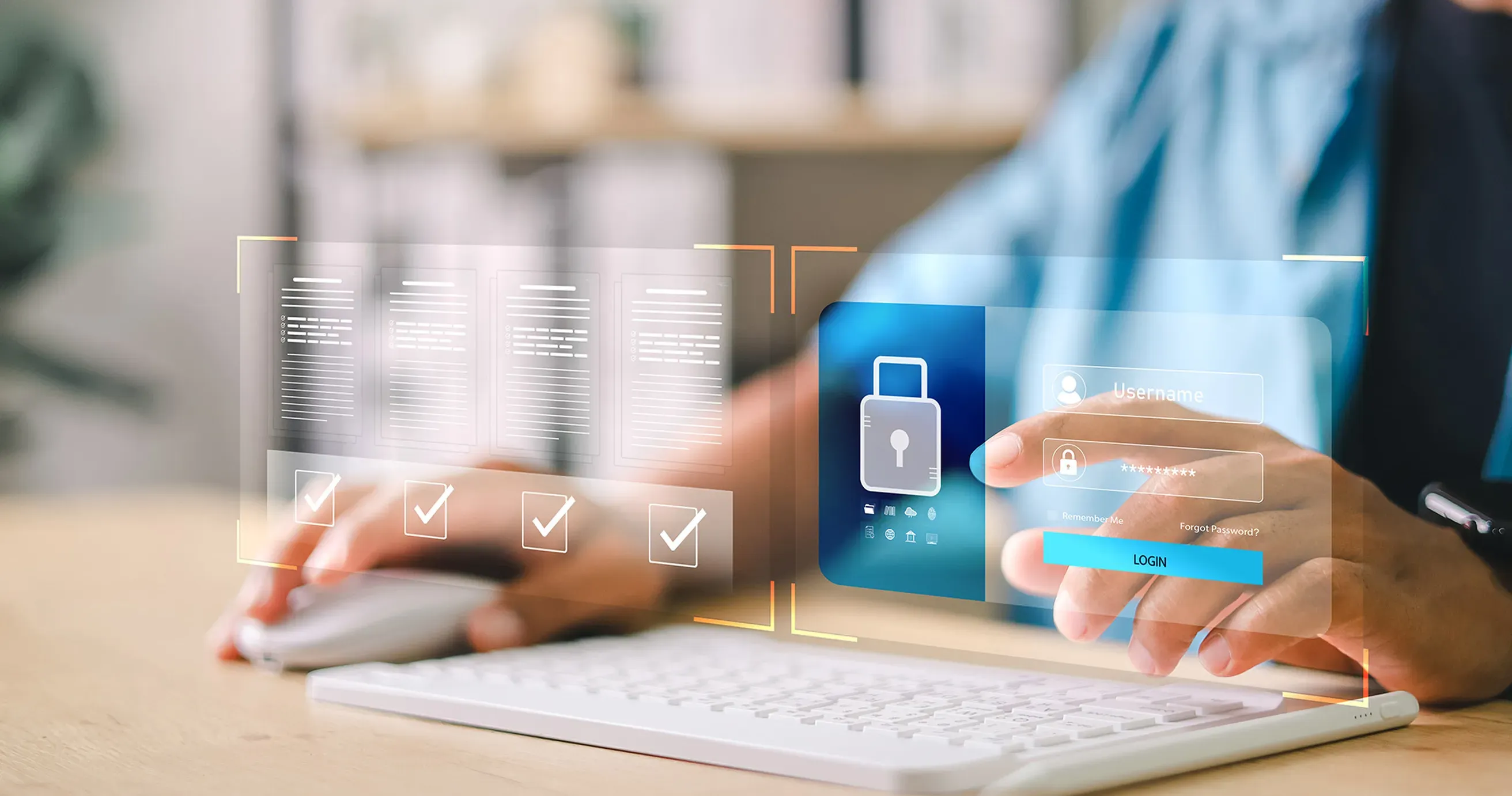Person using a computer with a virtual interface displaying security icons and login fields, emphasizing cybersecurity.