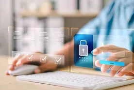 Person using a computer with a virtual interface displaying security icons and login fields, emphasizing cybersecurity.